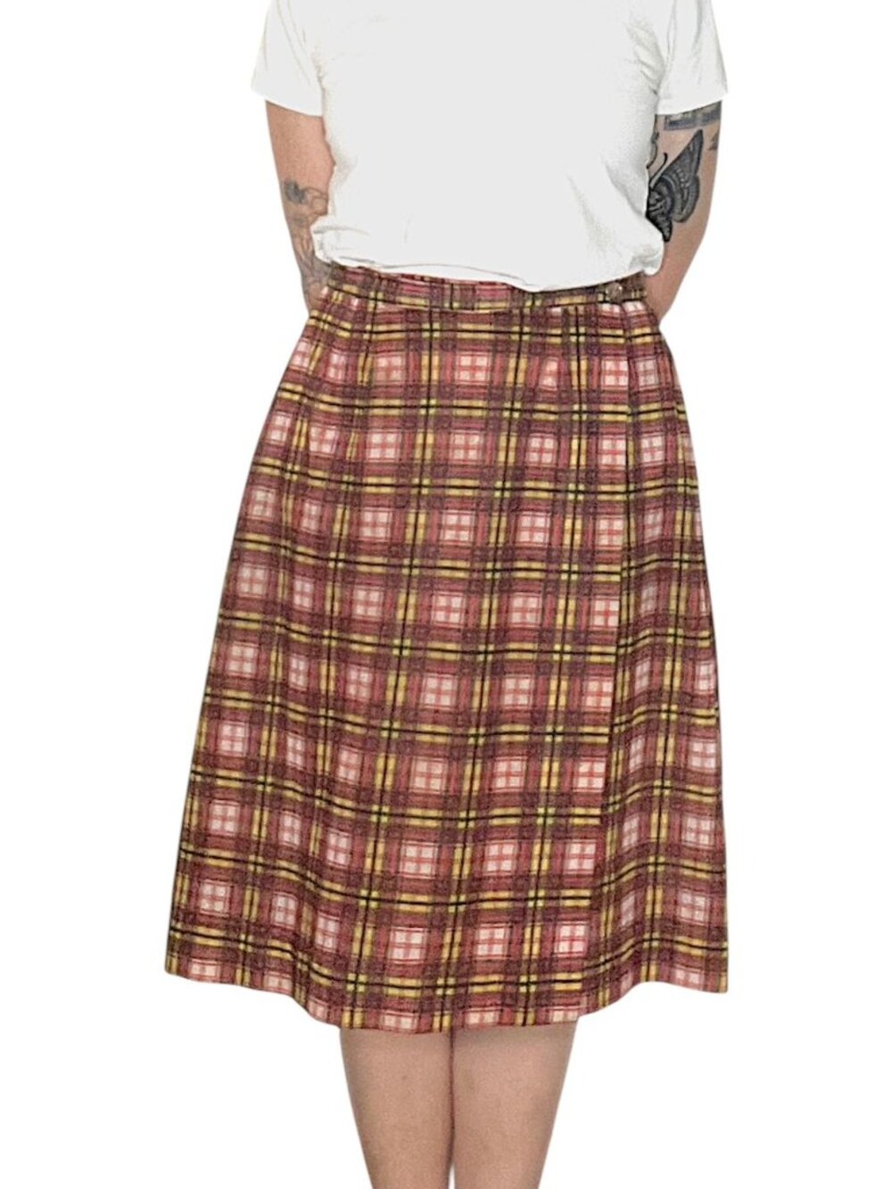 Vintage 1960s Plaid Skirt A-Line Wrap Knee Lenth Red Multicolor Woven M/L